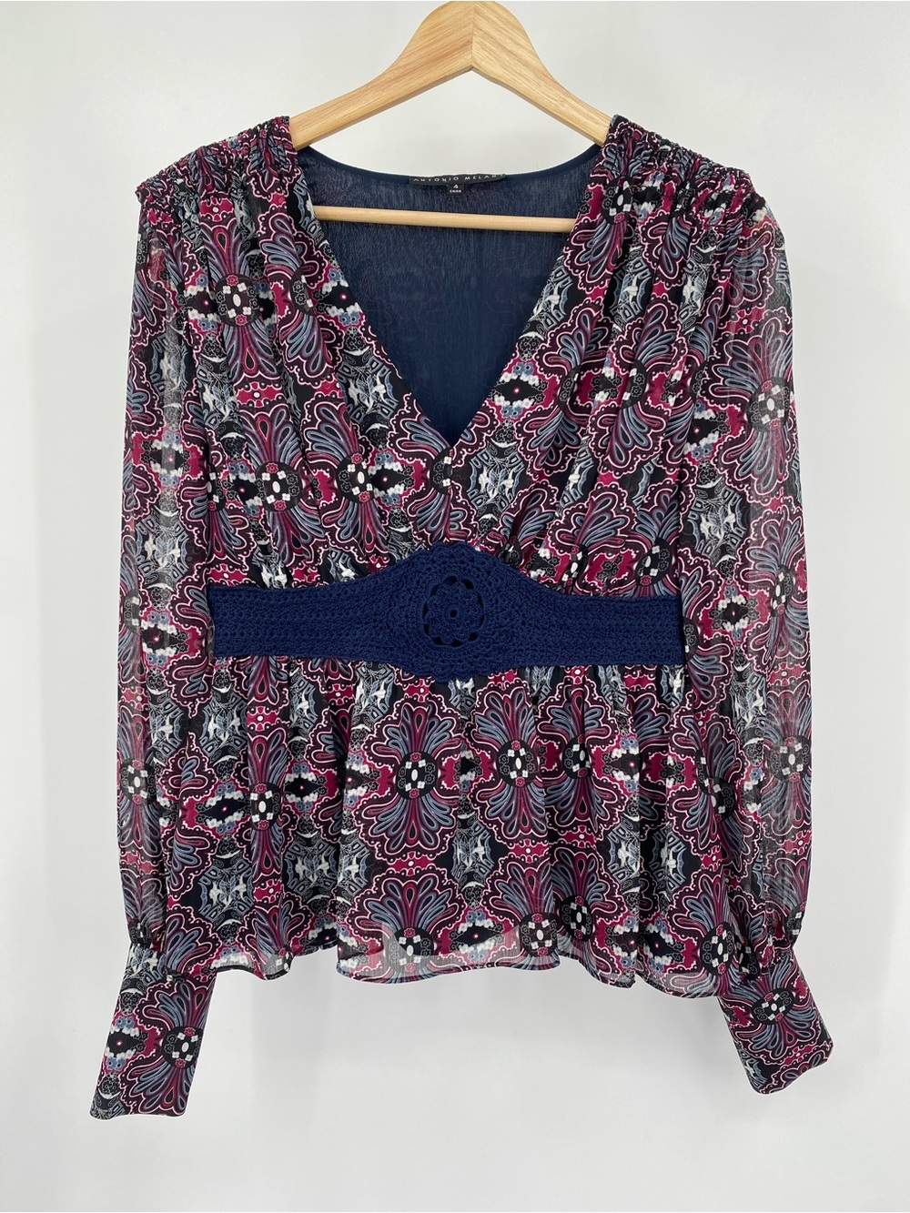 ANTONIO MELANI Floral V-Neck Bohemian Blouse Navy & Berry Size 4